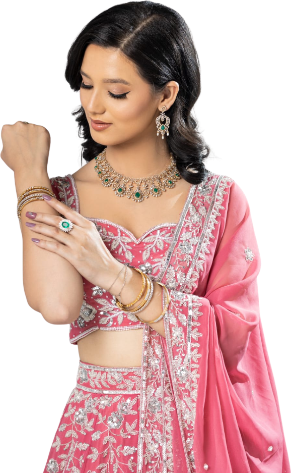 Shagoon Diamond Emerald & Diamond High Jewelry Campaign Model in Pink Lehenga