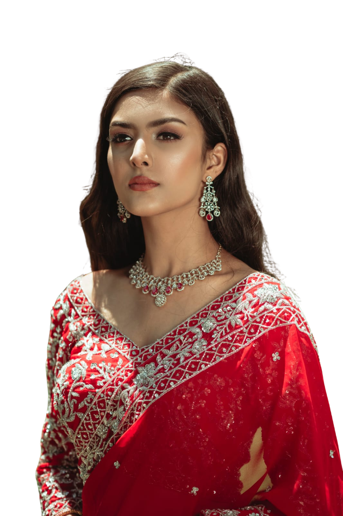 Shagoon Diamond High Jewelry Royal Red Saree Model