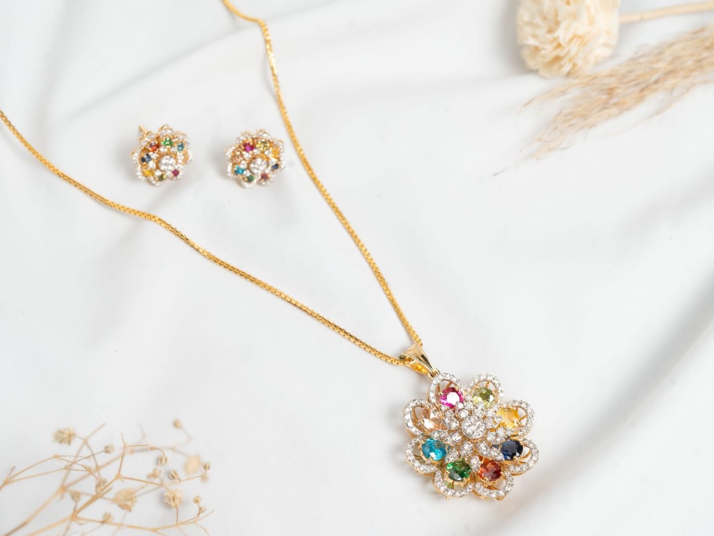 Navaratna Nine Sacred Gemstones Floral Pendant & Earrings Suite