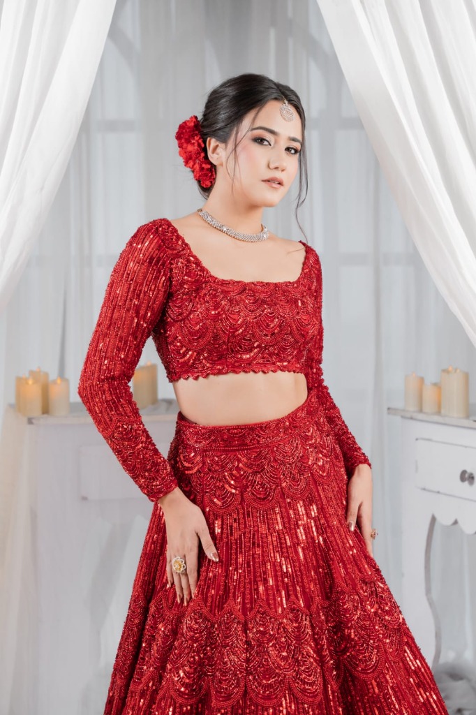 Nepali Model Red Bridal Lehenga & Diamond Choker