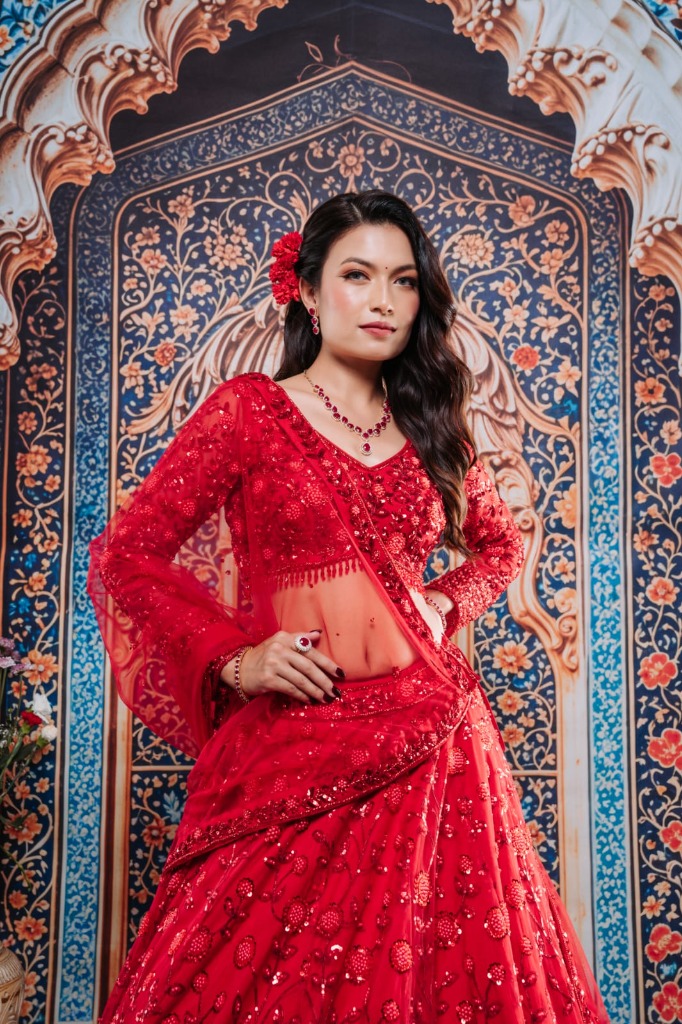 Nepali Model Red Sequin Arch Portrait