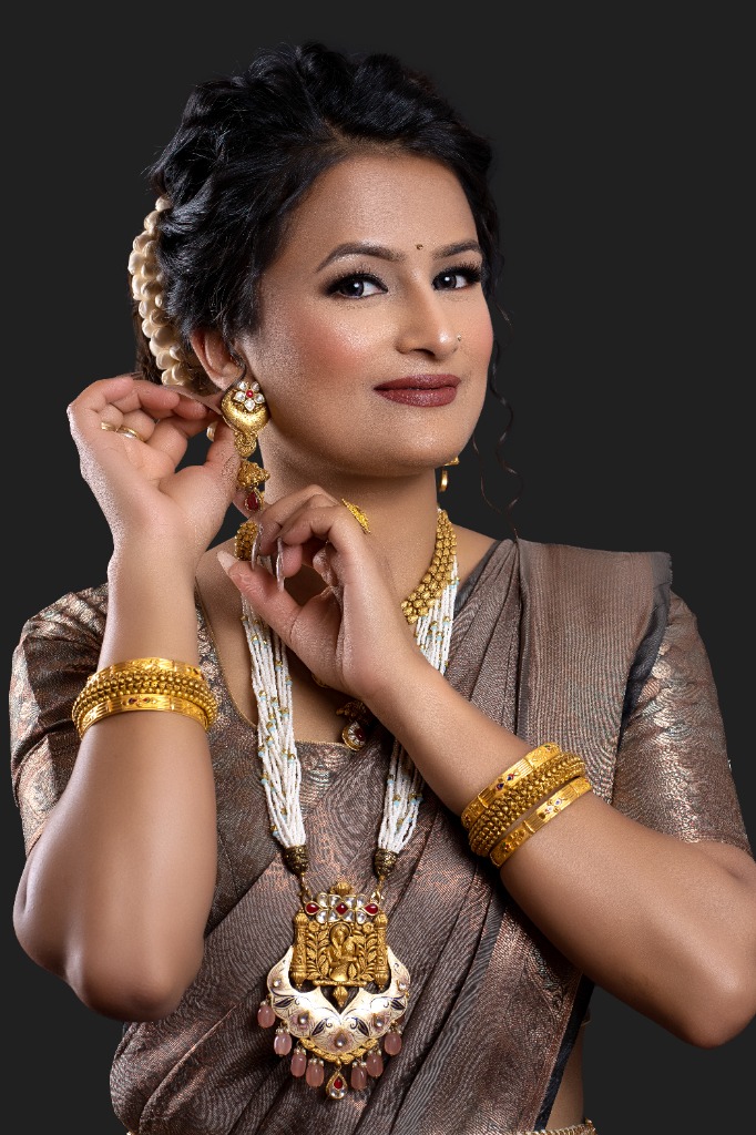 Nepali Model Gold Temple Pendant & Pearl Necklace
